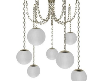 7 Globe Brass Chain Swag Chandelier with Glass Globe Shades - Modern Kitchen Pendant Chandelier - Satin White Opal Neckless Globes - 7 Light