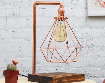 Copper Desk Lamp Wood Base  Diamond Cage Modern Industrial  Antique Edison Lamp Desk Light