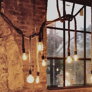 Rustic Rope Pendant Lights - Custom Handmade Lengths - Antique Edison Restaurant Lighting or LED Bulbs - Unique bar lighting Manila Rope