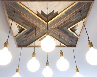 Wood Art Chandelier Custom Pendants Reclaimed Wood Chandelier Large Geometric Grey Brown White Brass chandelier - Modern LED Globe Lights