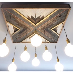 Wood Art Chandelier Custom Pendants Reclaimed Wood Chandelier Large Geometric Grey Brown White Brass chandelier - Modern LED Globe Lights