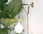 Custom Plug In Wall Sconce Modern Wood Industrial Pipe Brass Black White - Plug wall light fixture with switch LED White Glass Globe