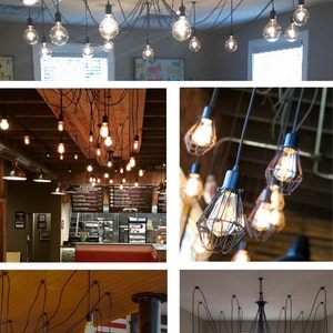 May include: A collection of four images showing different styles of exposed bulb pendant lights. The first image shows a chandelier with multiple bulbs hanging from a single point. The second image shows a row of bulbs hanging from a wooden ceiling. The third image shows a row of bulbs hanging from a wooden ceiling in a restaurant. The fourth image shows a chandelier with multiple bulbs hanging from a single point in a room with a window.