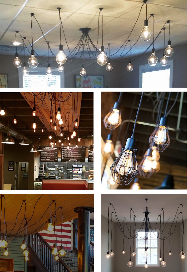 May include: A collection of four images showing different styles of exposed bulb pendant lights. The first image shows a chandelier with multiple bulbs hanging from a single point. The second image shows a row of bulbs hanging from a wooden ceiling. The third image shows a row of bulbs hanging from a wooden ceiling in a restaurant. The fourth image shows a chandelier with multiple bulbs hanging from a single point in a room with a window.