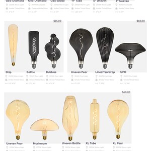 May include: A variety of LED light bulbs in different shapes and sizes, including globe, pear, tube, and diamond shapes. The bulbs are available in warm and cool white light temperatures. The bulbs are shown on a white background with text describing the bulb type, light temperature, and dimensions.
