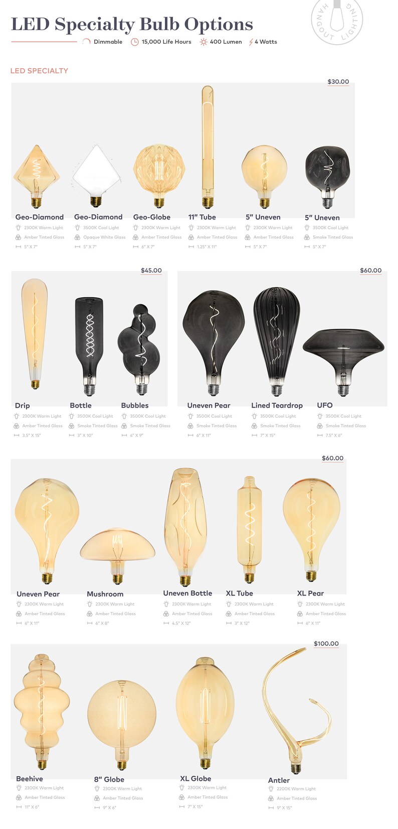 May include: A variety of LED light bulbs in different shapes and sizes, including globe, pear, tube, and diamond shapes. The bulbs are available in warm and cool white light temperatures. The bulbs are shown on a white background with text describing the bulb type, light temperature, and dimensions.