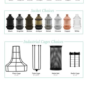 May include: A chart showing different ceiling plate, socket, and cage options for a light fixture. The ceiling plate options are black, graphite, bronze, antique, nickel, chrome, copper, and white. The socket options are black, graphite, bronze, antique, nickel, chrome, copper, and white. The cage options are flare cage, tube cage, metal net, and radio cage.