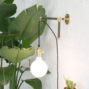 Custom Plug In Wall Sconce Modern Wood Industrial Pipe Brass Black White - Plug wall light fixture with switch LED White Glass Globe