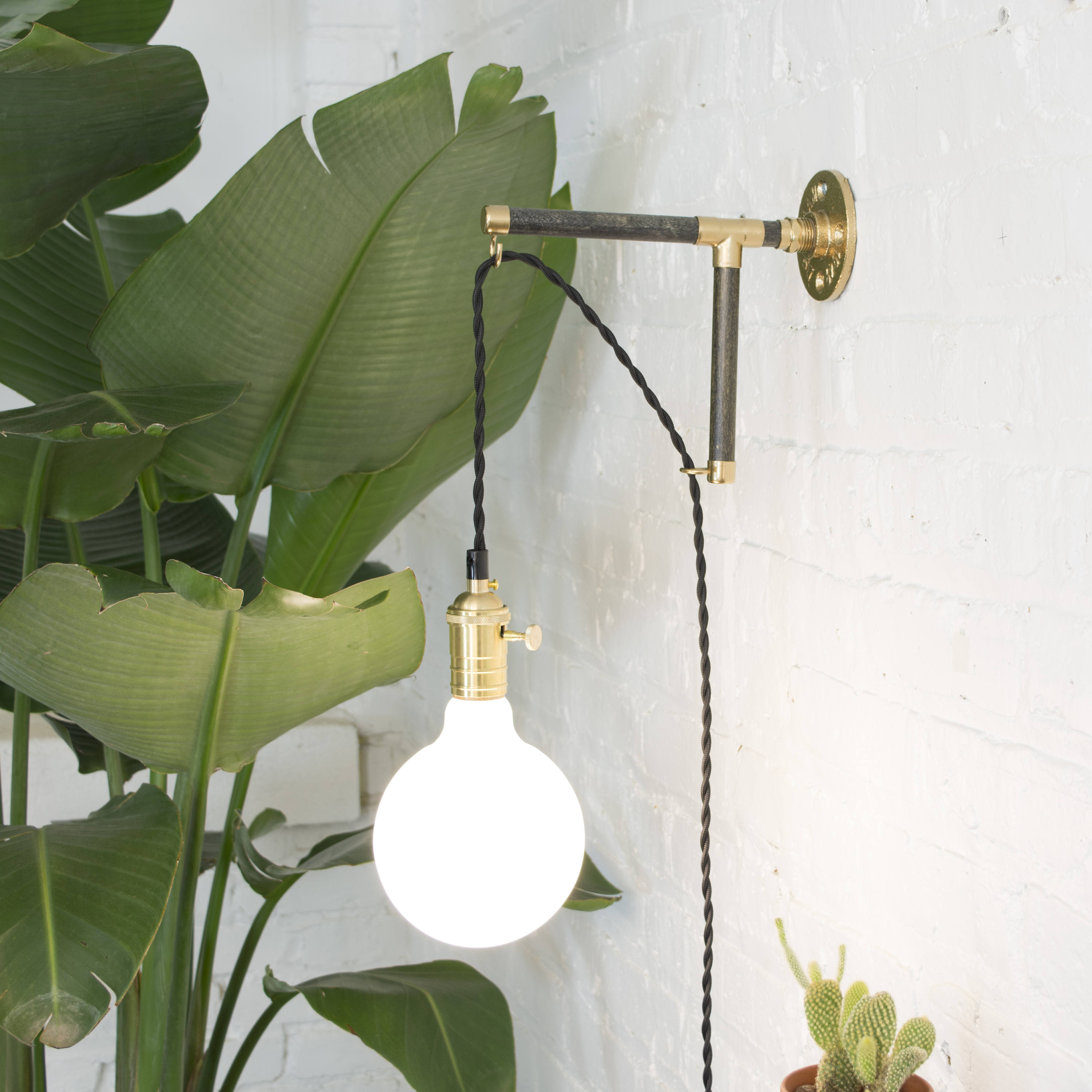 Custom Plug in Wall Sconce Modern Wood Industrial Pipe Brass Black