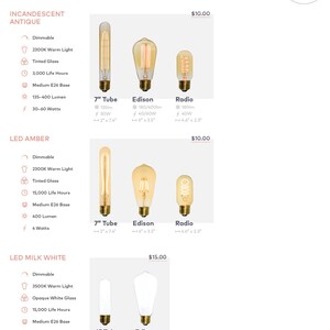 May include: Three different types of light bulbs for a flush sconce. The bulbs are labelled "7" Tube", "Edison", and "Radio". The bulbs are available in incandescent antique, LED amber, and LED milk white.