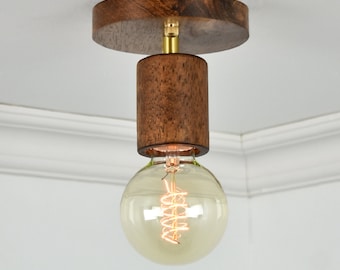 Lámpara LED de montaje empotrado de madera 5 opciones de acabado - Iluminación de nogal y latón - Lámpara de techo Lámpara de techo rústica única Lámpara de techo corta