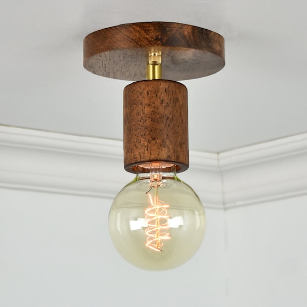 Wood Flush Mount LED Lamp 5 Finish Options - Walnut and Brass Lighting - Ceiling Mount light Unique Rustic light Fixture Short ceiling lamp