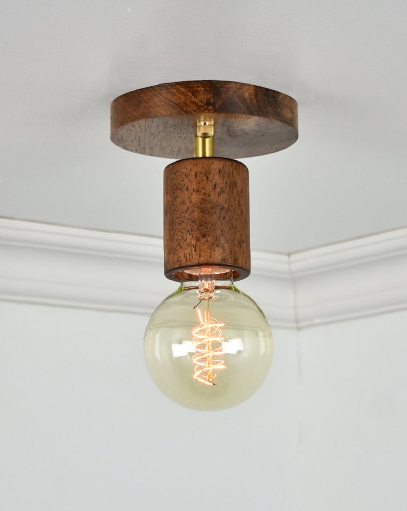 Wood Flush Mount Lamp Walnut And Brass Lighting Ceiling Light Unique Rustic Fixture Short
