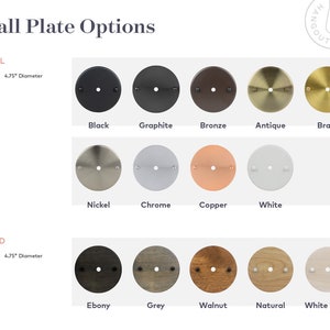 May include: Image showcasing various wall plate options, including metal and wood finishes. Metal options include black, graphite, bronze, antique, brass, nickel, chrome, copper, and white. Wood options feature ebony, grey, walnut, natural, and white wash finishes. Each plate is 4.75 inches in diameter.