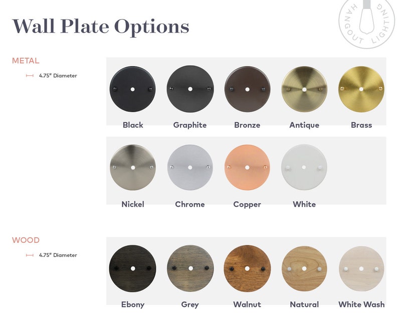 May include: Image showcasing various wall plate options, including metal and wood finishes. Metal options include black, graphite, bronze, antique, brass, nickel, chrome, copper, and white. Wood options feature ebony, grey, walnut, natural, and white wash finishes. Each plate is 4.75 inches in diameter.