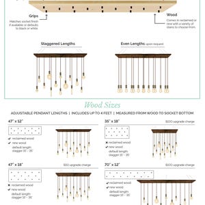 Puede incluir: Diagrama que muestra diferentes tama&ntilde;os y estilos de l&aacute;mparas colgantes de madera. Las l&aacute;mparas est&aacute;n hechas de madera reciclada o nueva y tienen longitudes ajustables. El diagrama incluye las dimensiones de cada l&aacute;mpara, el precio de una actualizaci&oacute;n y las opciones de madera reciclada o nueva.