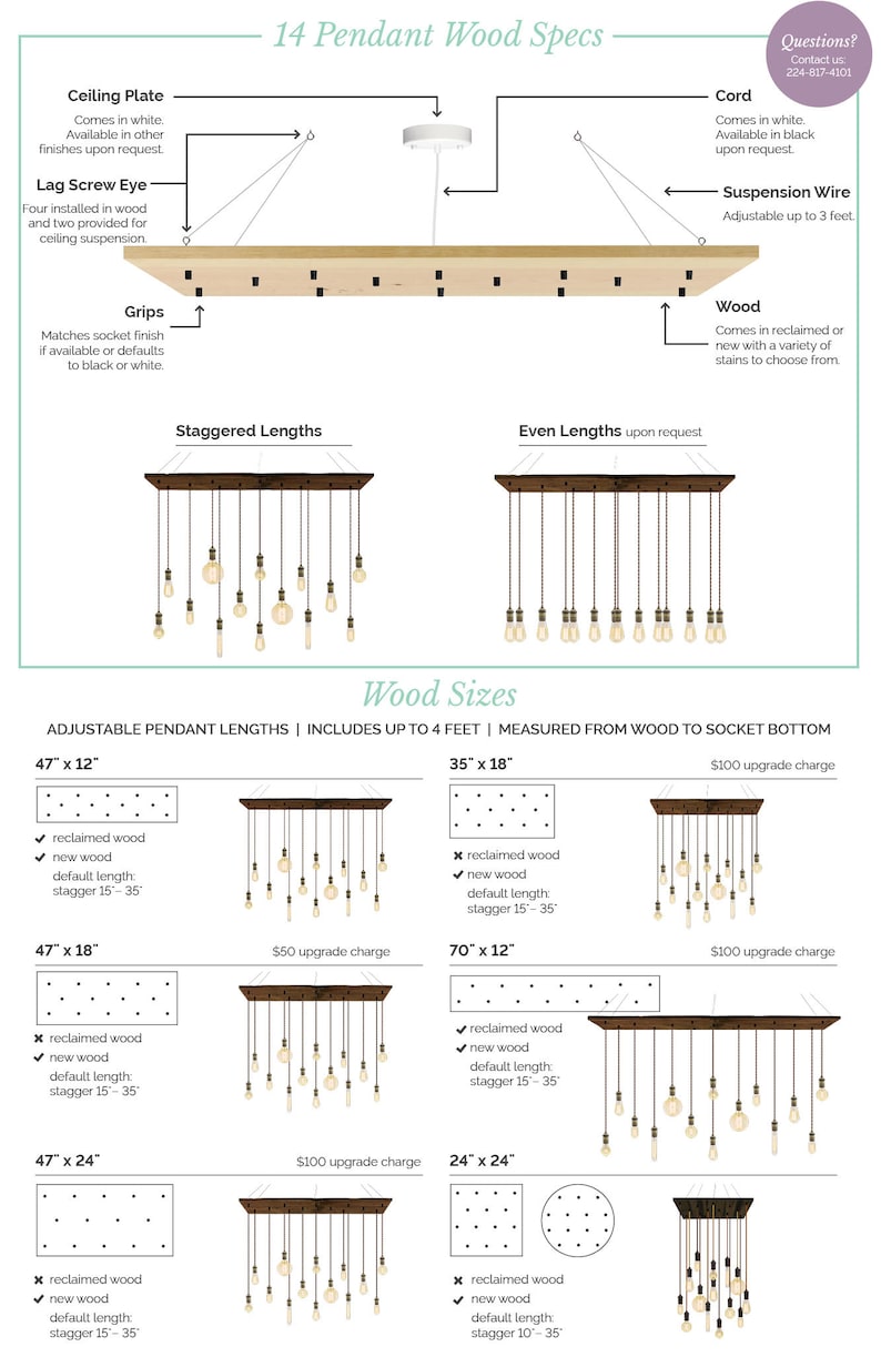 Puede incluir: Diagrama que muestra diferentes tama&ntilde;os y estilos de l&aacute;mparas colgantes de madera. Las l&aacute;mparas est&aacute;n hechas de madera reciclada o nueva y tienen longitudes ajustables. El diagrama incluye las dimensiones de cada l&aacute;mpara, el precio de una actualizaci&oacute;n y las opciones de madera reciclada o nueva.