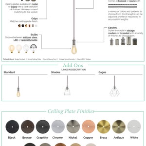 May include: A single pendant light fixture with a variety of customization options. The pendant features a round ceiling plate, a cord, a socket, and a bulb. The ceiling plate is available in a variety of finishes, including black, bronze, graphite, chrome, nickel, copper, brass, antique, white, ebony, grey, walnut, natural, and white. The cord can be twisted or round and comes in a variety of colors and patterns. The socket is available in vintage, modern, or threaded styles. The bulb can be antique, clear, LED, or specialty. The pendant is 4.75 inches in diameter.