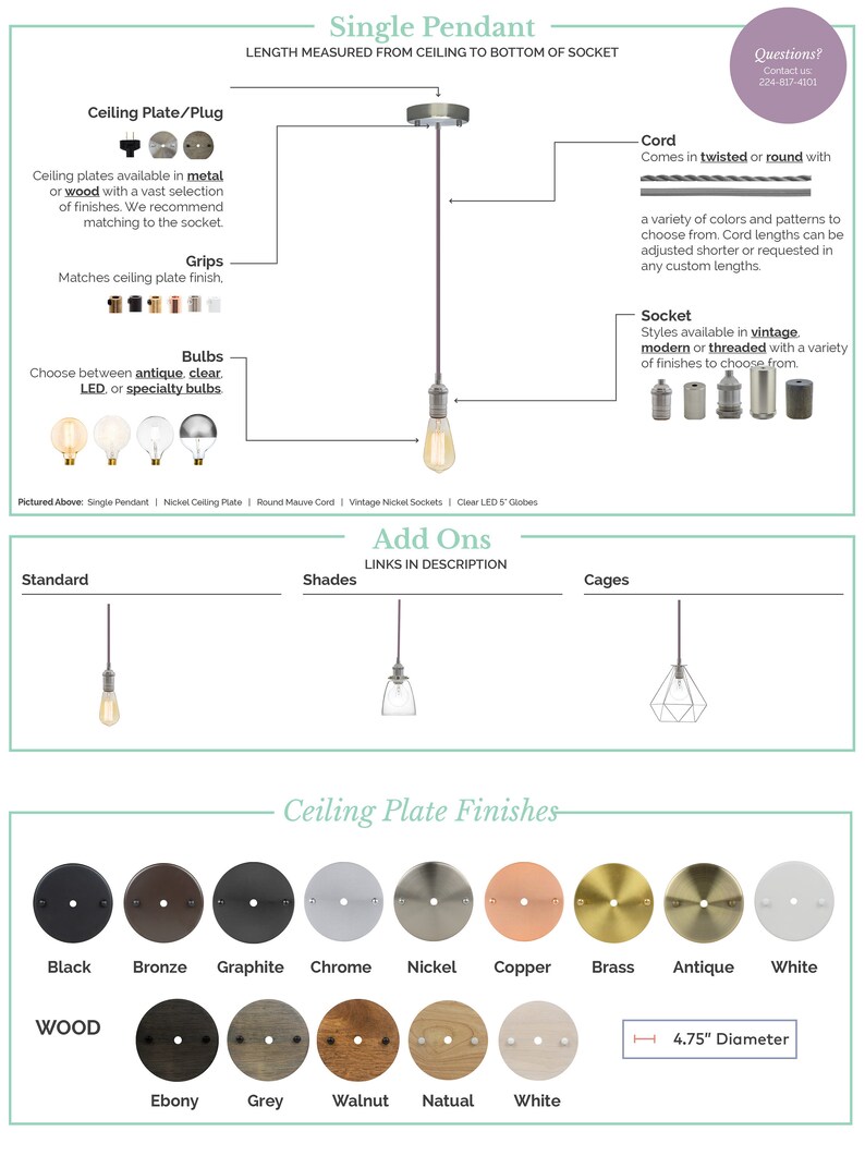 May include: A single pendant light fixture with a variety of customization options. The pendant features a round ceiling plate, a cord, a socket, and a bulb. The ceiling plate is available in a variety of finishes, including black, bronze, graphite, chrome, nickel, copper, brass, antique, white, ebony, grey, walnut, natural, and white. The cord can be twisted or round and comes in a variety of colors and patterns. The socket is available in vintage, modern, or threaded styles. The bulb can be antique, clear, LED, or specialty. The pendant is 4.75 inches in diameter.