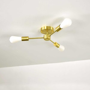 Three Spoke Flush Mount - Modern Ceiling Fixture - 3 Bulb Flush Light - Brass