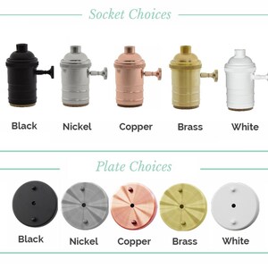 May include: Five different colored electrical outlet covers and five different colored electrical sockets. The colors are black, nickel, copper, brass, and white.  The text "Socket Choices" and "Plate Choices" are displayed above the images.