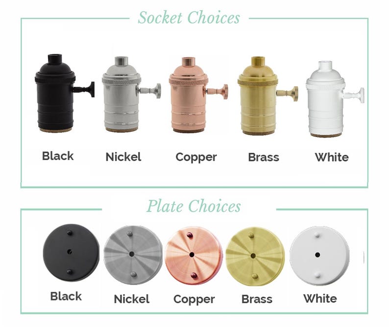 May include: Five different colored electrical outlet covers and five different colored electrical sockets. The colors are black, nickel, copper, brass, and white.  The text "Socket Choices" and "Plate Choices" are displayed above the images.