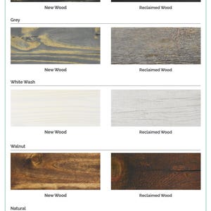 May include: Wood choices for furniture, showing new and reclaimed wood in five different colors: ebony, grey, white wash, walnut, and natural.