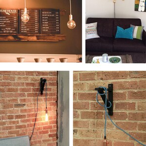 May include: Four different examples of hanging light fixtures with exposed wiring and Edison bulbs. The first image shows a light fixture hanging from a wooden beam in a coffee shop. The second image shows a light fixture hanging from a branch in a living room. The third image shows a light fixture hanging from a brick wall in a living room. The fourth image shows a light fixture hanging from a brick wall in a living room.