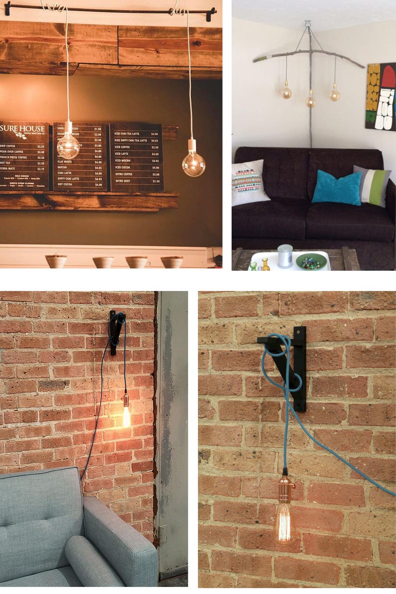 May include: Four different examples of hanging light fixtures with exposed wiring and Edison bulbs. The first image shows a light fixture hanging from a wooden beam in a coffee shop. The second image shows a light fixture hanging from a branch in a living room. The third image shows a light fixture hanging from a brick wall in a living room. The fourth image shows a light fixture hanging from a brick wall in a living room.
