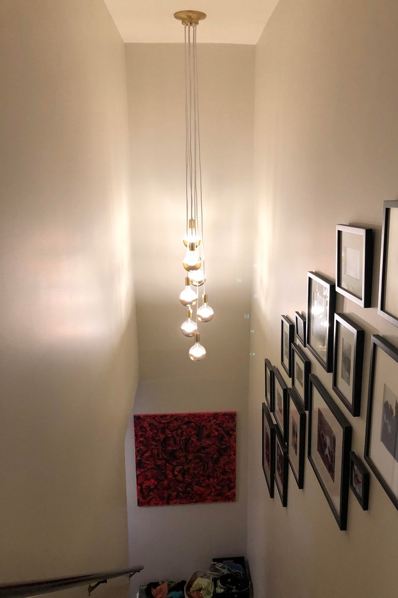 Stairway Chandelier Long Cascading Foyer Lighting 7 Cer Hanging Pendant Modern Cloth Cords Copper Dipped Led Globes