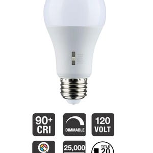 May include: A white LED light bulb with a standard base. Features include 90+ CRI, dimmable, 120 volt, CCT selectable, and a lifespan of 25,000 hours. The bulb is Title 20 compliant.