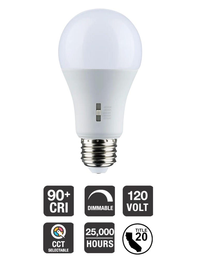 May include: A white LED light bulb with a standard base. Features include 90+ CRI, dimmable, 120 volt, CCT selectable, and a lifespan of 25,000 hours. The bulb is Title 20 compliant.