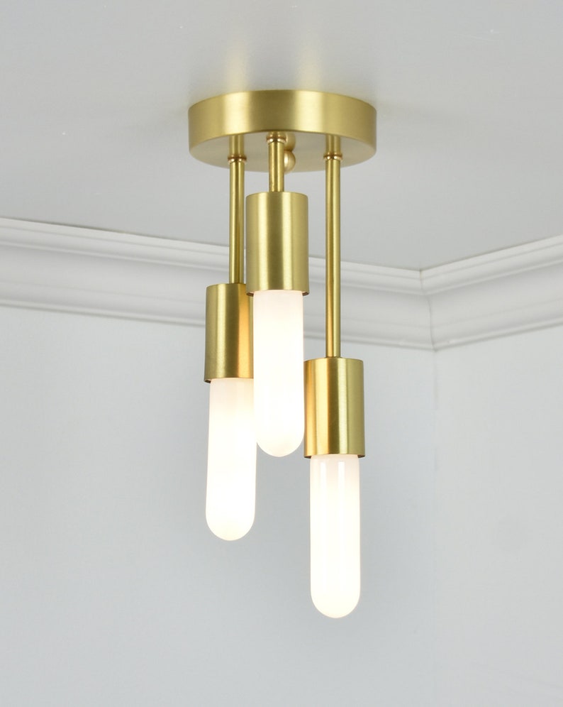 Brass Ceiling Light Triple Flush Mount Three Bulb Modern Fixture 3 Semi