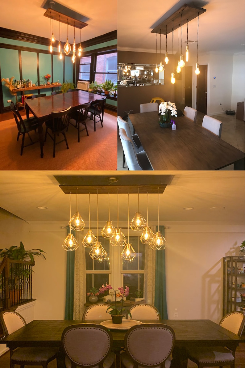 May include: A dining room with a wooden table and chairs, featuring a unique light fixture with multiple gold cage pendant lights. The light fixture is suspended from a wooden beam.