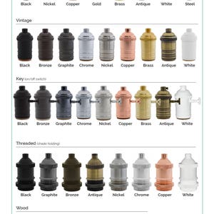 May include: A chart displaying a variety of light bulb socket finishes, including black, nickel, copper, gold, brass, antique, white, steel, bronze, graphite, chrome, and wood. The chart is labelled "Socket Choices" and features the categories "Modern", "Vintage", "Key (on/off switch)", "Threaded (shade holding)", and "Wood".