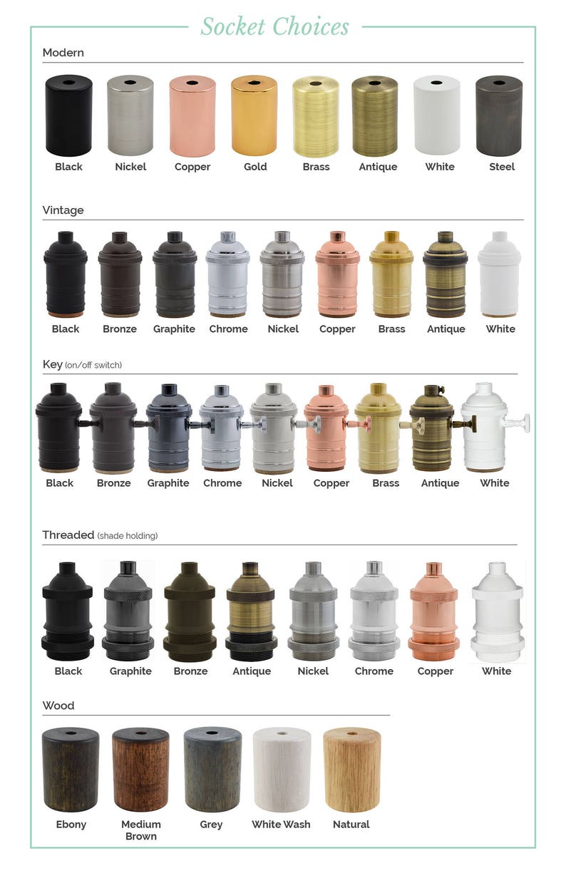May include: A chart displaying a variety of light bulb socket finishes, including black, nickel, copper, gold, brass, antique, white, steel, bronze, graphite, chrome, and wood. The chart is labelled "Socket Choices" and features the categories "Modern", "Vintage", "Key (on/off switch)", "Threaded (shade holding)", and "Wood".
