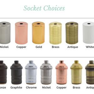 May include: A chart showing different types of light bulb sockets in two styles: modern and vintage. The sockets are shown in various colors, including black, nickel, copper, gold, brass, antique, white, and steel.