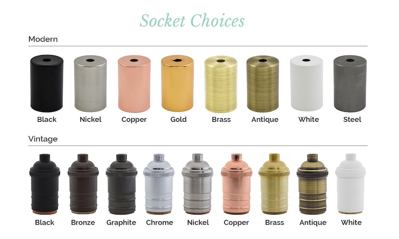 May include: A chart showing different types of light bulb sockets in two styles: modern and vintage. The sockets are shown in various colors, including black, nickel, copper, gold, brass, antique, white, and steel.