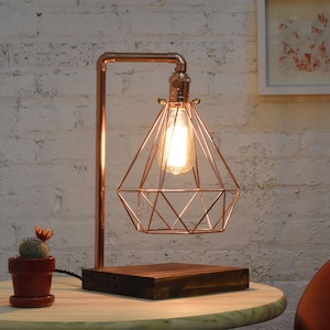 Copper Desk Lamp Wood Base Diamond Cage, Edison Style Caged Table Lamp