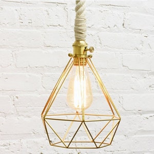 Diamond Cage Rope Pendant Light- Brass White Cotton Shabby Chic Rope Rustic Pendant Lighting Hardwired or Plug In Light Modern Farmhouse