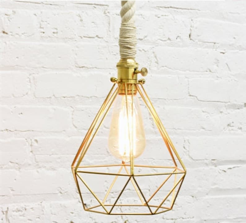 Diamond Cage Rope Pendant Light Brass White Cotton Shabby Image 0