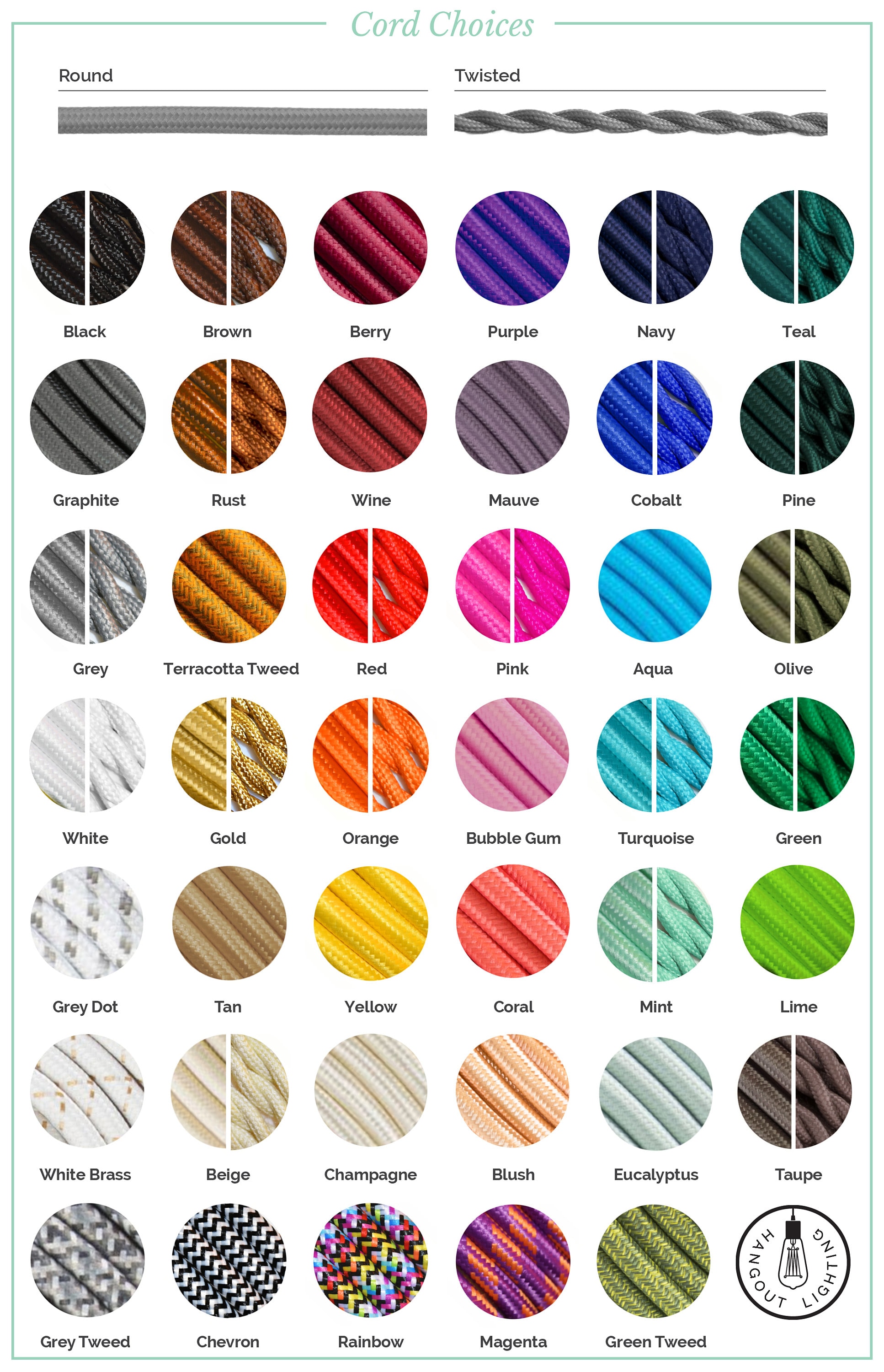SAMPLE PACK - all colors Pendant Light Cord Cloth Lamp Wire Fabric Covered Cord Round and Vintage Antique Twisted Braided Wire DIY Lighting