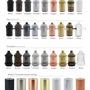 May include: A chart showing different types of light bulb sockets. The sockets are shown in various finishes, including black, steel, nickel, copper, gold, brass, antique, white, bronze, graphite, chrome, and marble. The chart is labeled with the words "Modern", "Vintage", "Key (on/off switch)", "Threaded (shade holding)", "Modern Threaded (shade holding)", "Wood", and "Ebony".