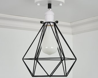 Diamond Cage Flush Mount Modern Ceiling Lighting - Semi Flush Mount light - Minimalist Lamp - Hangout Lighting Milk White LED Black Diamond