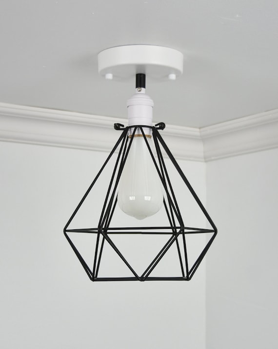 Diamond Cage Flush Mount Modern Ceiling Lighting - Semi Flush Mount light - Minimalist Lamp - Hangout Lighting Milk White LED Black Diamond