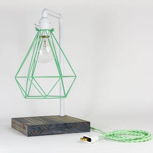 White Mint Table Lamp White Pipe Wood Base  Mint  Geometric Diamond Cage Modern Unique Lamp  Table Light