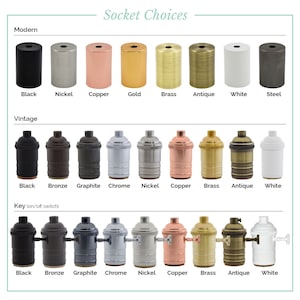 May include: Image showcasing a variety of light socket choices. The image is divided into three sections: Modern, Vintage, and Key (on/off switch). Each section displays different socket styles in various colors, including black, nickel, copper, gold, brass, antique, white, and steel.