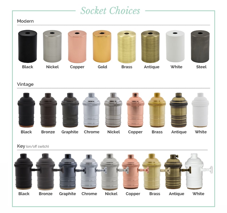 May include: Image showcasing a variety of light socket choices. The image is divided into three sections: Modern, Vintage, and Key (on/off switch). Each section displays different socket styles in various colors, including black, nickel, copper, gold, brass, antique, white, and steel.