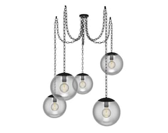 Chain Swag Chandelier with Neckless Glass Globe Shades - Modern Kitchen Pendant Chandelier - White or Clear Globes - Brass, Nickel - 5 Light