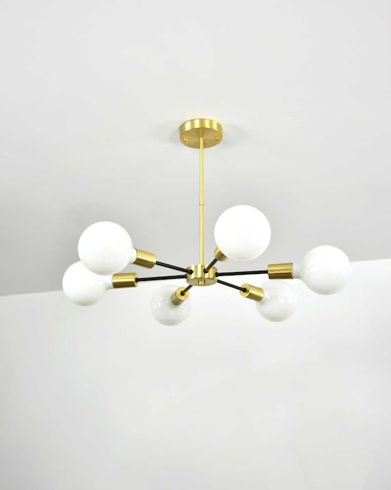 Modern Brass Chandelier Lighting Fixture, 6 White Glass Modern Brass Chandelier Lighting Fixture, 6 White Glass